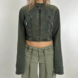 Vintage Guess Moto Biker Denim Cropped Jacket Medium
